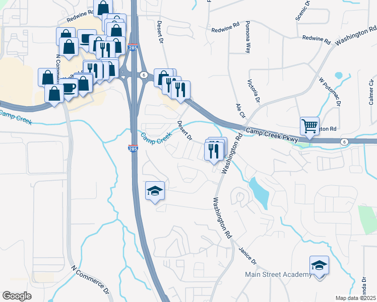map of restaurants, bars, coffee shops, grocery stores, and more near 3148 Desert Drive in East Point