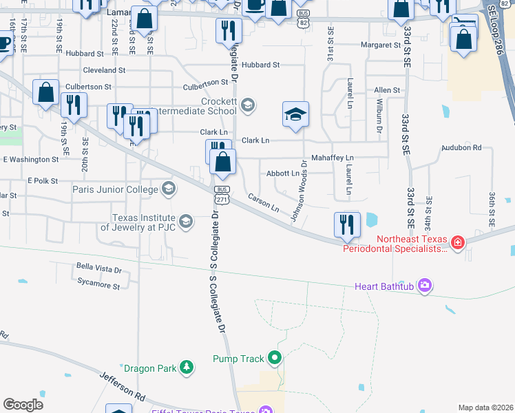 map of restaurants, bars, coffee shops, grocery stores, and more near 2905 Clarksville Street in Paris