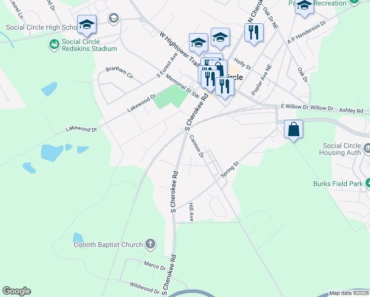map of restaurants, bars, coffee shops, grocery stores, and more near 410 South Cherokee Road in Social Circle
