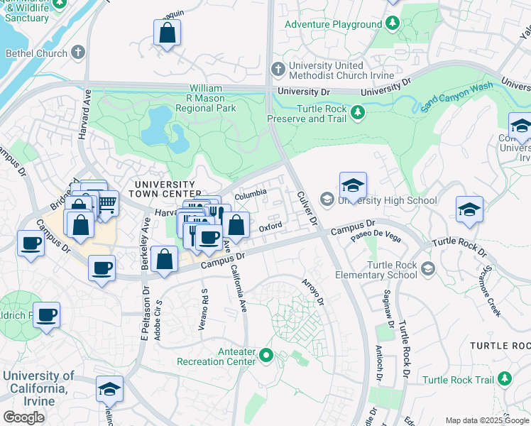 map of restaurants, bars, coffee shops, grocery stores, and more near 43 Oxford in Irvine