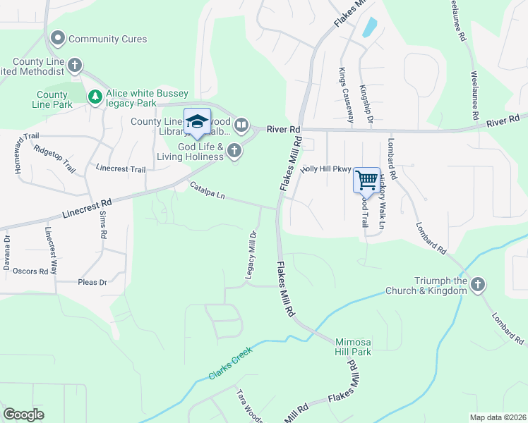 map of restaurants, bars, coffee shops, grocery stores, and more near 4350 Legacy Mill Drive in Ellenwood