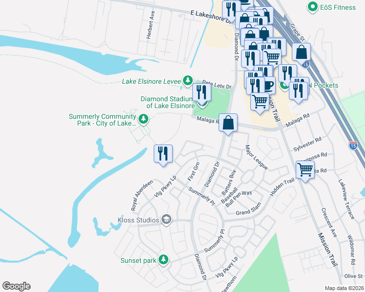 map of restaurants, bars, coffee shops, grocery stores, and more near 29271 Saint Andrews in Lake Elsinore