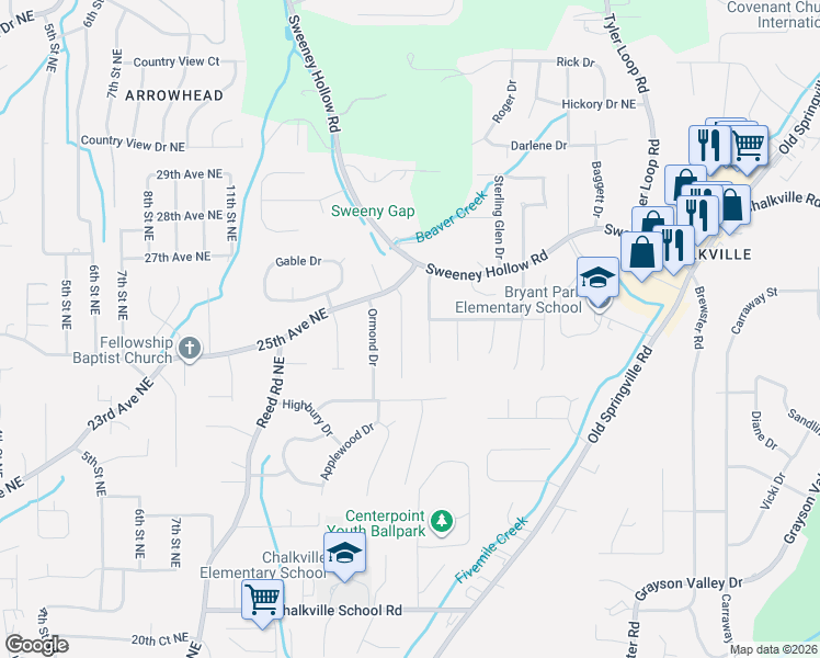 map of restaurants, bars, coffee shops, grocery stores, and more near 2424 Debbie Drive in Center Point