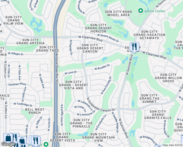 map of restaurants, bars, coffee shops, grocery stores, and more near 16318 West Arroyo Vista Lane in Surprise