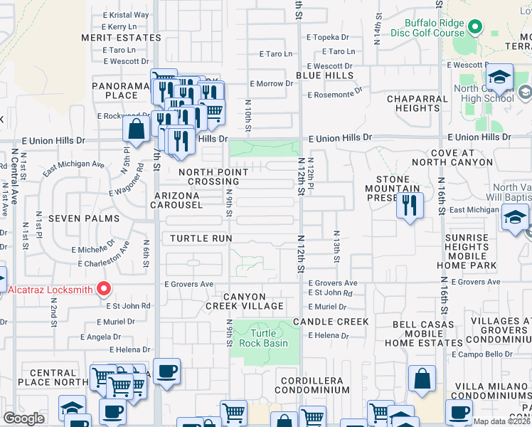 map of restaurants, bars, coffee shops, grocery stores, and more near 1018 East Villa Rita Drive in Phoenix