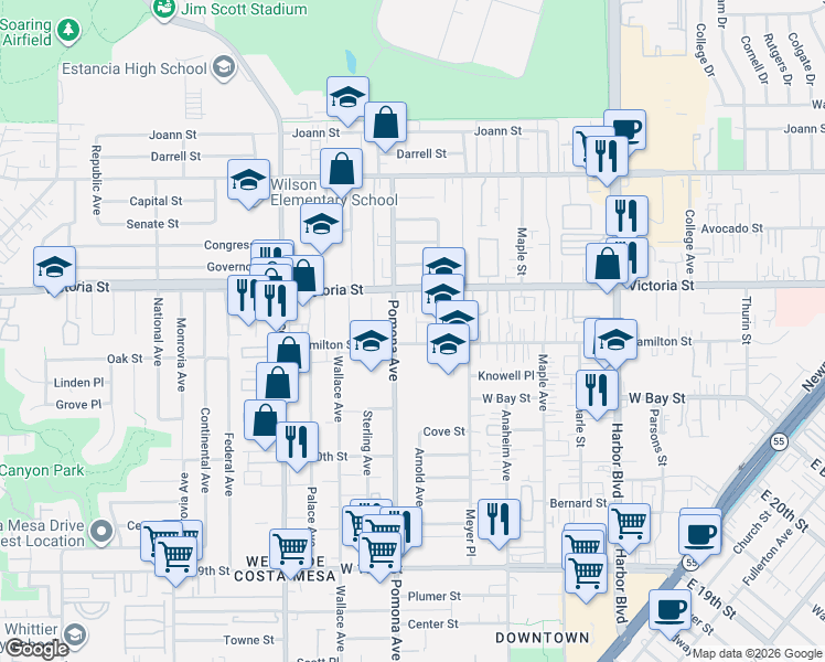 map of restaurants, bars, coffee shops, grocery stores, and more near 2115 Harper Way in Costa Mesa