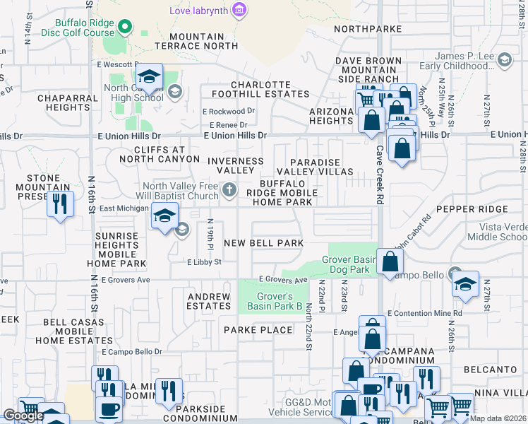 map of restaurants, bars, coffee shops, grocery stores, and more near 2035 East Michigan Avenue in Phoenix