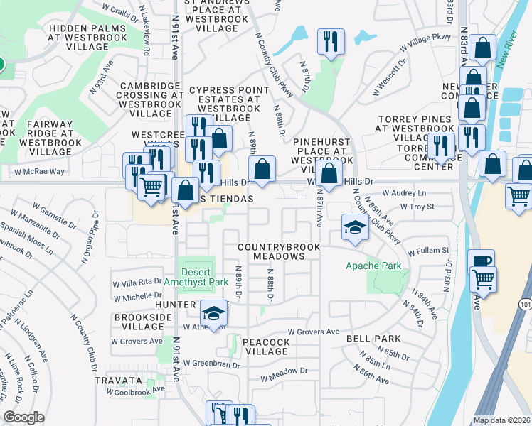 map of restaurants, bars, coffee shops, grocery stores, and more near 8833 West Bluefield Avenue in Peoria