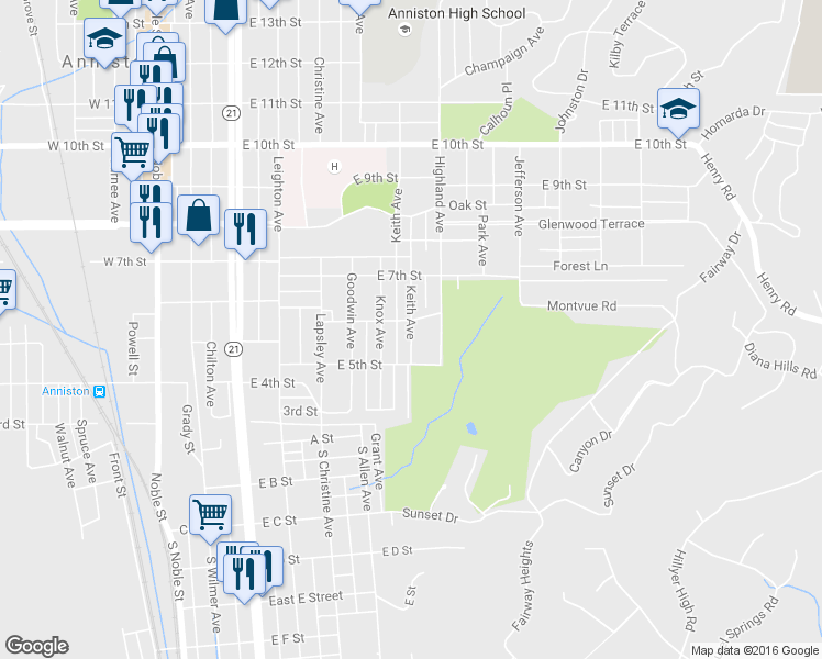 map of restaurants, bars, coffee shops, grocery stores, and more near 530 Keith Avenue in Anniston