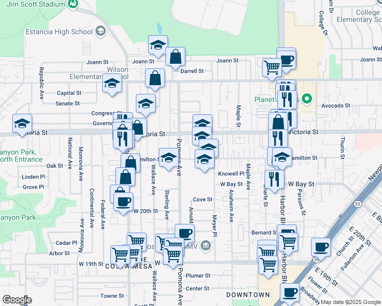 map of restaurants, bars, coffee shops, grocery stores, and more near 2110 Harper Way in Costa Mesa