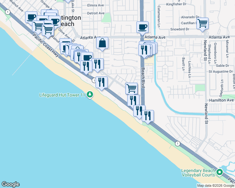 map of restaurants, bars, coffee shops, grocery stores, and more near 21500 Pacific Coast Highway in Huntington Beach