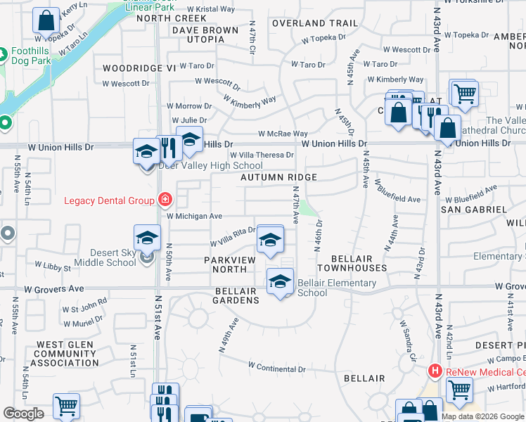 map of restaurants, bars, coffee shops, grocery stores, and more near 4744 West Michigan Avenue in Glendale