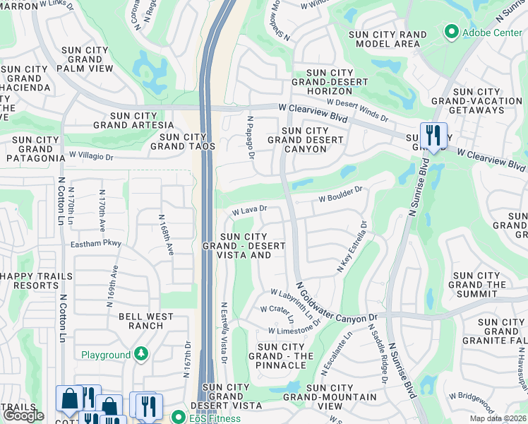 map of restaurants, bars, coffee shops, grocery stores, and more near 16445 West Lava Drive in Surprise