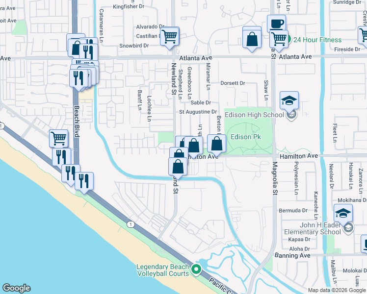 map of restaurants, bars, coffee shops, grocery stores, and more near 21441 Antigua Lane in Huntington Beach