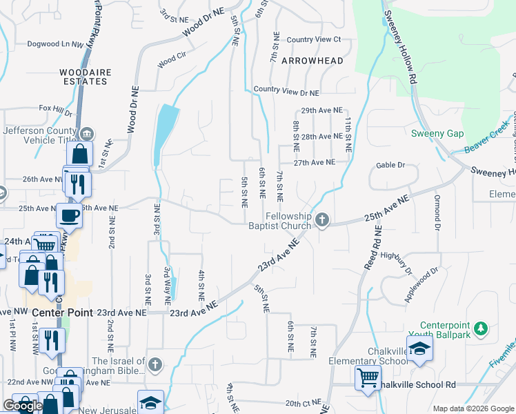 map of restaurants, bars, coffee shops, grocery stores, and more near 2508 6th St NE in Center Point