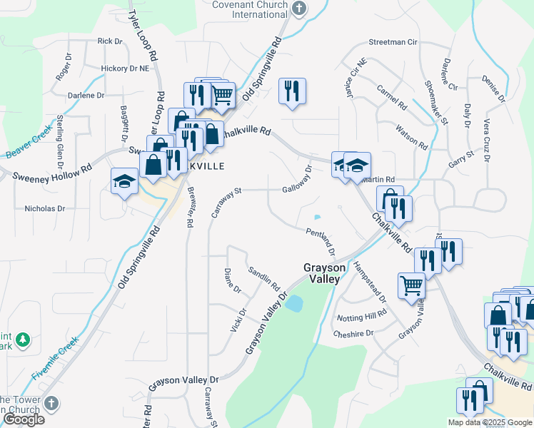 map of restaurants, bars, coffee shops, grocery stores, and more near 2324 Pentland Drive in Birmingham