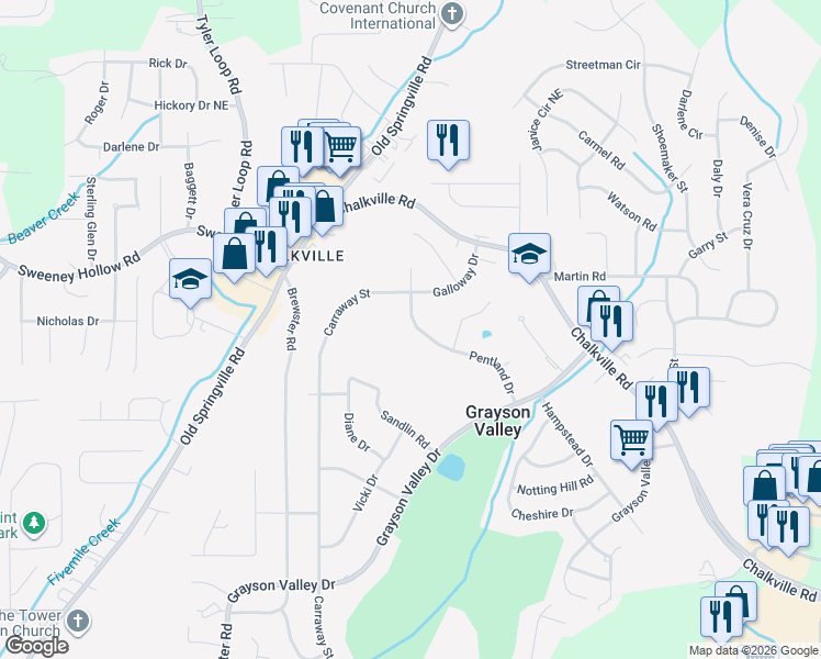 map of restaurants, bars, coffee shops, grocery stores, and more near 2324 Pentland Drive in Birmingham