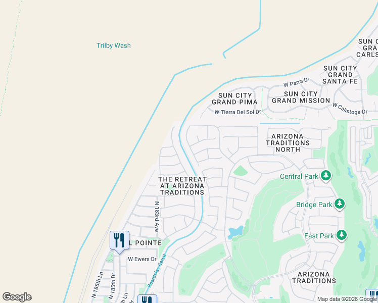 map of restaurants, bars, coffee shops, grocery stores, and more near 18340 North Coconino Drive in Surprise