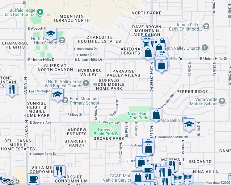 map of restaurants, bars, coffee shops, grocery stores, and more near 2069 East Michigan Avenue in Phoenix