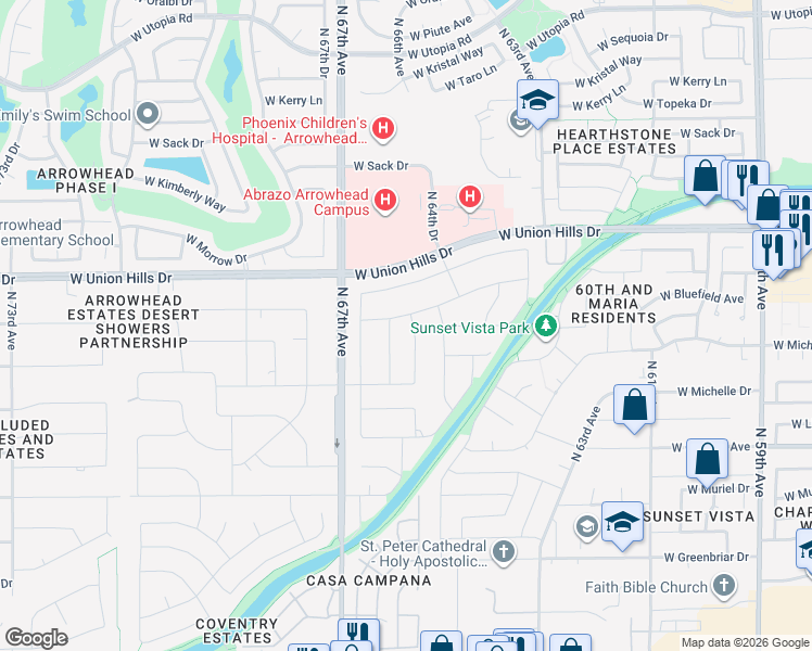 map of restaurants, bars, coffee shops, grocery stores, and more near 18239 North 65th Avenue in Glendale