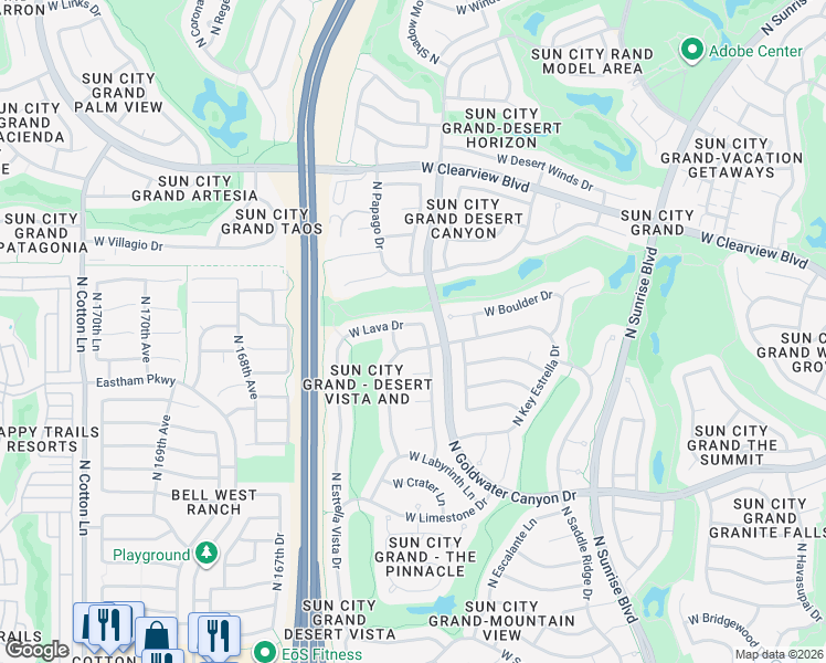 map of restaurants, bars, coffee shops, grocery stores, and more near 16445 West Lava Drive in Surprise