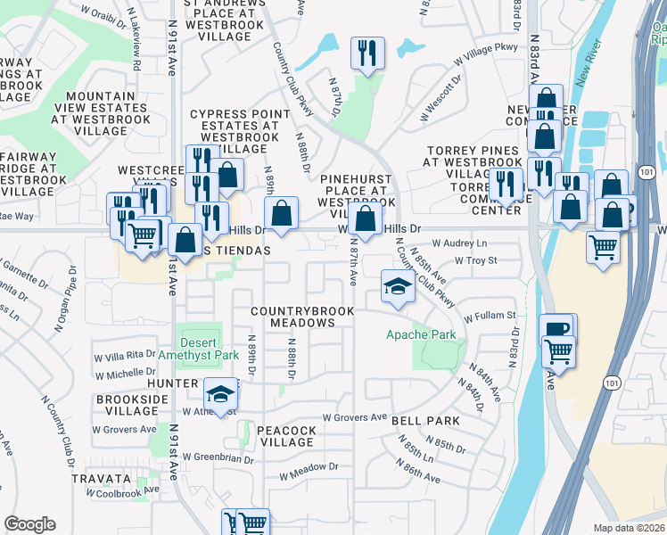 map of restaurants, bars, coffee shops, grocery stores, and more near 8729 West Bluefield Avenue in Peoria