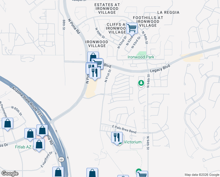 map of restaurants, bars, coffee shops, grocery stores, and more near 9214 East Desert Park Drive in Scottsdale