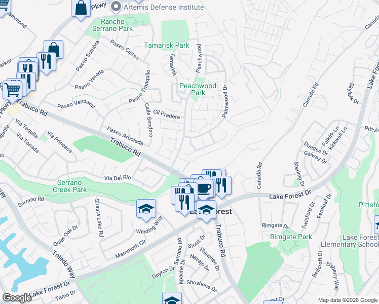 map of restaurants, bars, coffee shops, grocery stores, and more near 21492 Almondwood in Lake Forest