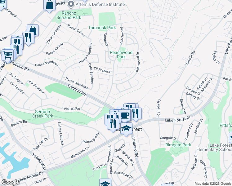 map of restaurants, bars, coffee shops, grocery stores, and more near 21492 Almondwood in Lake Forest