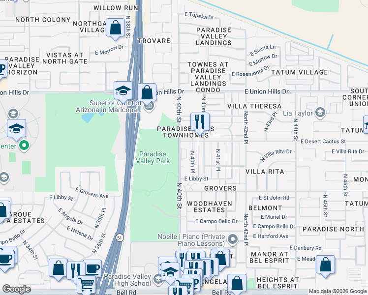 map of restaurants, bars, coffee shops, grocery stores, and more near 18009 North 40th Street in Phoenix