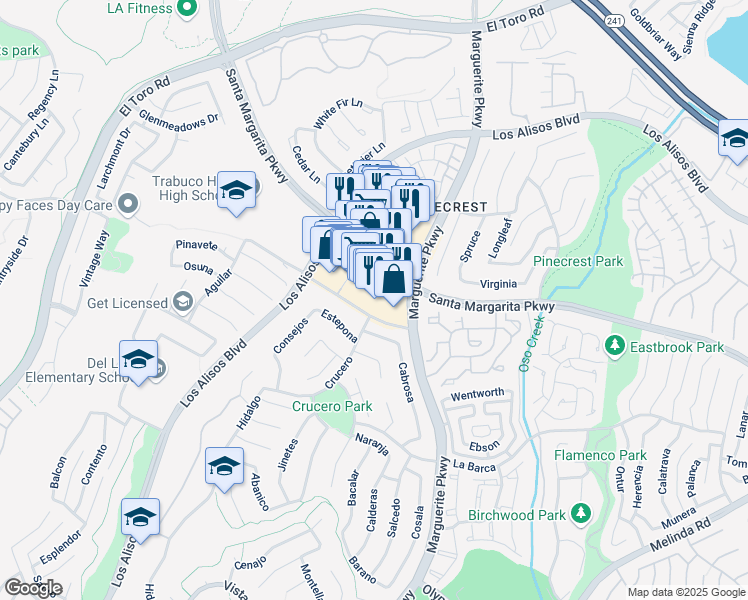 map of restaurants, bars, coffee shops, grocery stores, and more near 27742 Santa Margarita Parkway in Mission Viejo