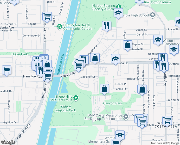 map of restaurants, bars, coffee shops, grocery stores, and more near 1097 Glen Circle in Costa Mesa