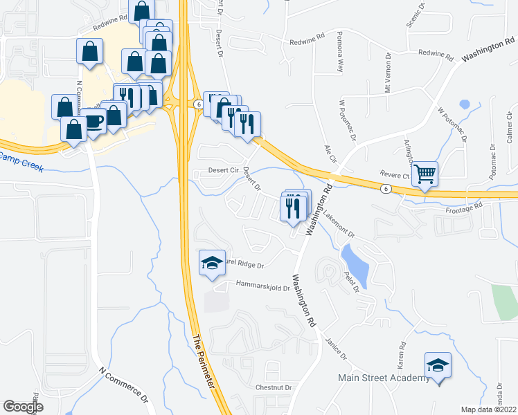 map of restaurants, bars, coffee shops, grocery stores, and more near 3148 Desert Drive in East Point