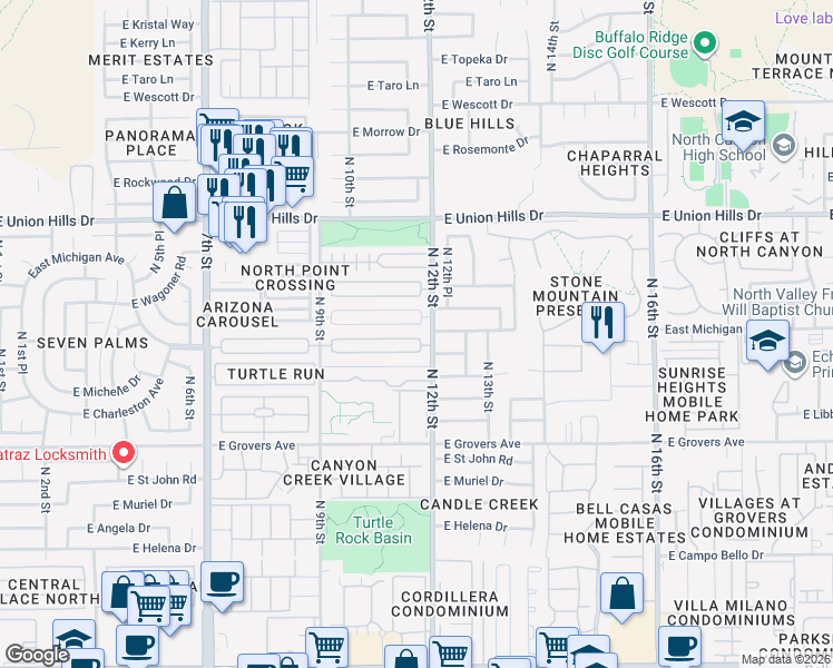 map of restaurants, bars, coffee shops, grocery stores, and more near 1124 East Villa Rita Drive in Phoenix
