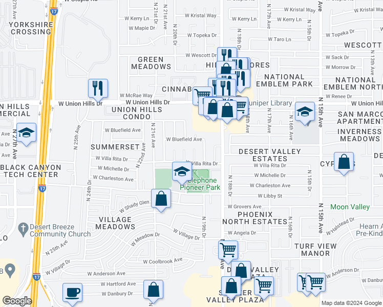 map of restaurants, bars, coffee shops, grocery stores, and more near 18040 North 20th Avenue in Phoenix