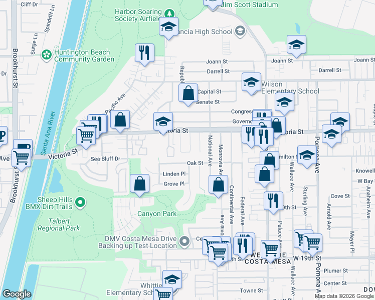 map of restaurants, bars, coffee shops, grocery stores, and more near in Costa Mesa