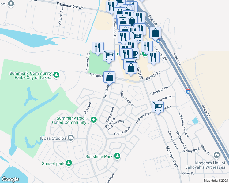 map of restaurants, bars, coffee shops, grocery stores, and more near 29429 Wrigley's Circle in Lake Elsinore