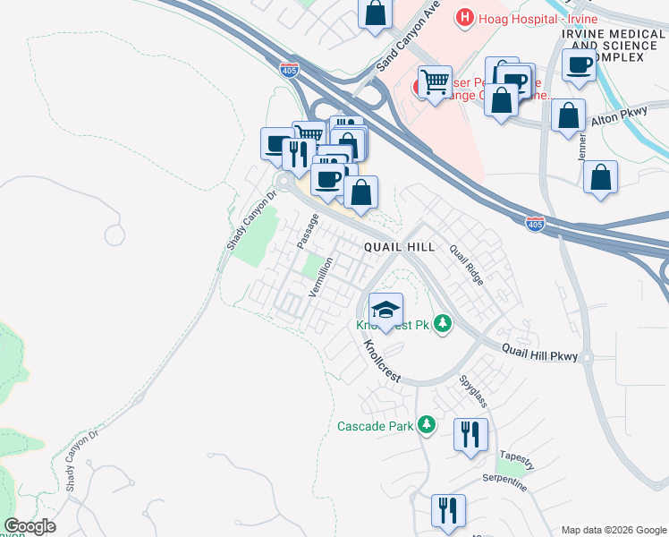 map of restaurants, bars, coffee shops, grocery stores, and more near 48 Vermillion in Irvine