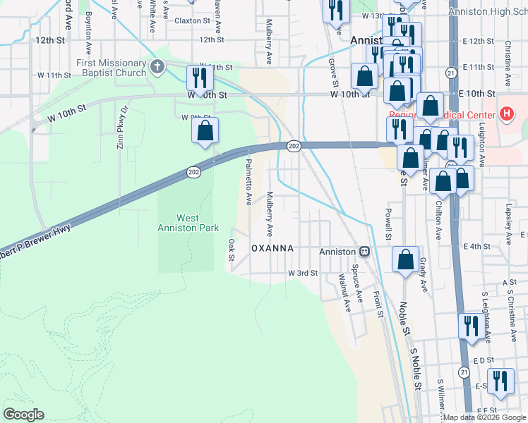 map of restaurants, bars, coffee shops, grocery stores, and more near 512 Mulberry Avenue in Anniston