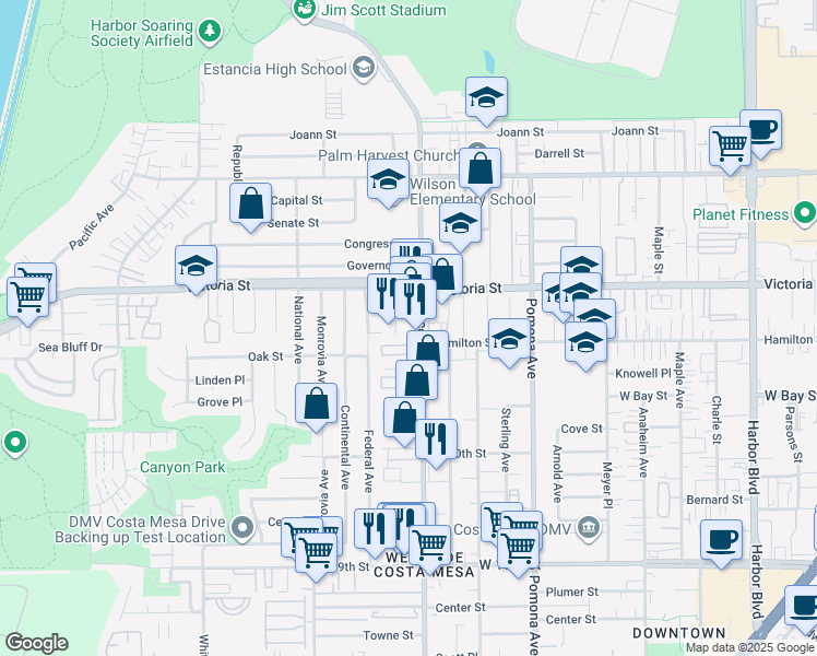 map of restaurants, bars, coffee shops, grocery stores, and more near 2115 Placentia Avenue in Costa Mesa