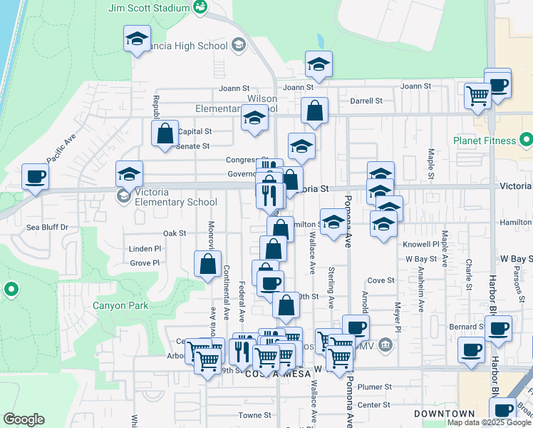 map of restaurants, bars, coffee shops, grocery stores, and more near 2115 Placentia Avenue in Costa Mesa