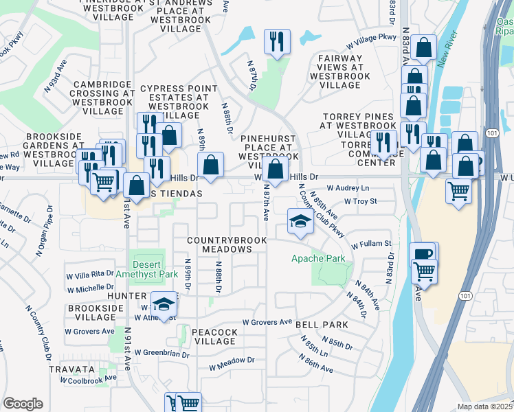 map of restaurants, bars, coffee shops, grocery stores, and more near 8717 West Bluefield Avenue in Peoria