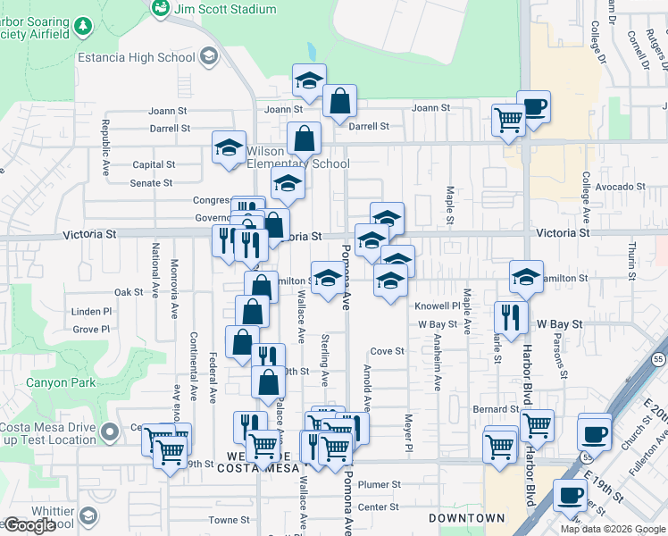 map of restaurants, bars, coffee shops, grocery stores, and more near 2112 Sterling Avenue in Costa Mesa