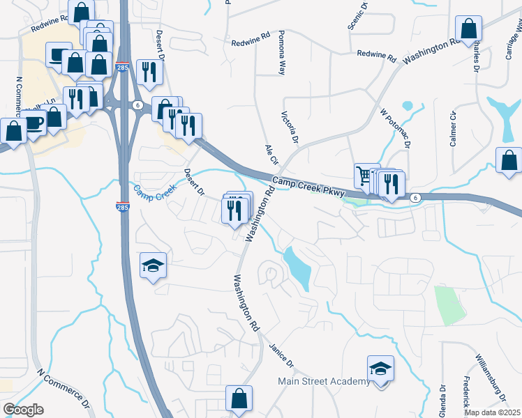 map of restaurants, bars, coffee shops, grocery stores, and more near 3781 Lakemont Drive in East Point