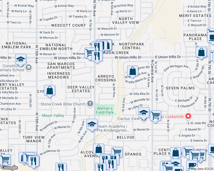 map of restaurants, bars, coffee shops, grocery stores, and more near 544 West Michigan Avenue in Phoenix