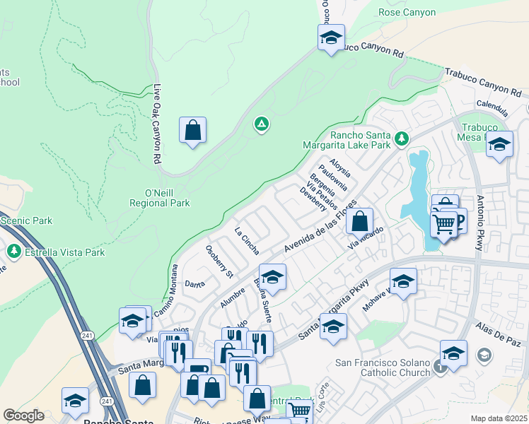 map of restaurants, bars, coffee shops, grocery stores, and more near 7 Calle Ranchera in Rancho Santa Margarita