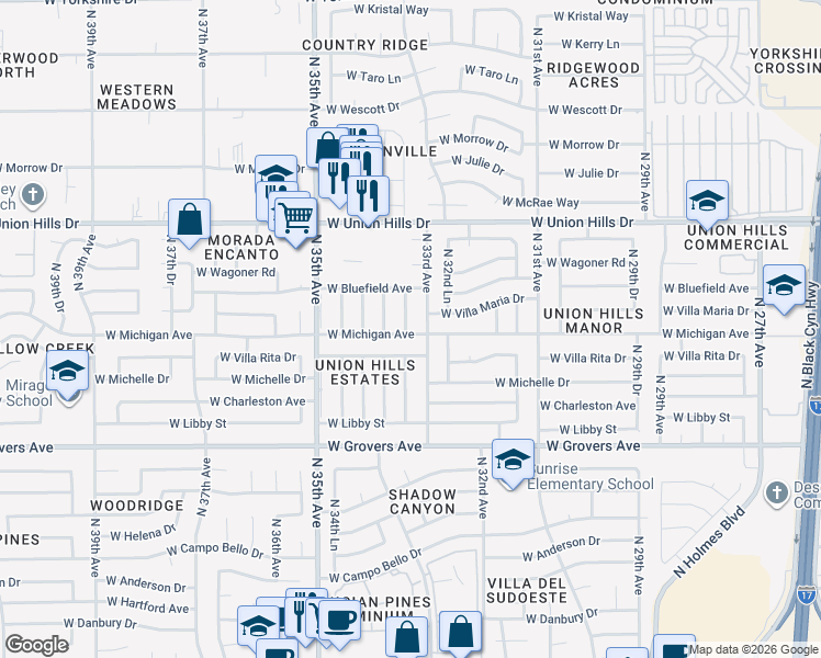 map of restaurants, bars, coffee shops, grocery stores, and more near 18201 North 33rd Drive in Phoenix