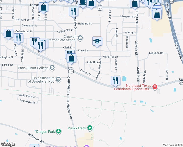 map of restaurants, bars, coffee shops, grocery stores, and more near 3001 Carson Lane in Paris