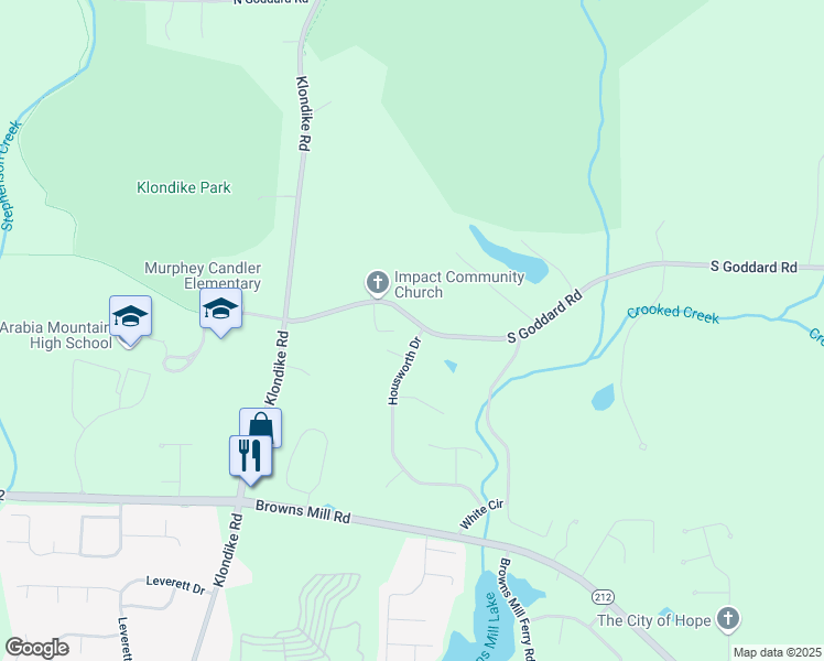 map of restaurants, bars, coffee shops, grocery stores, and more near 4315 Housworth Drive in Stonecrest