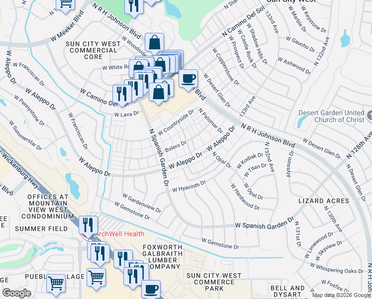 map of restaurants, bars, coffee shops, grocery stores, and more near 18402 North Mica Drive in Sun City West